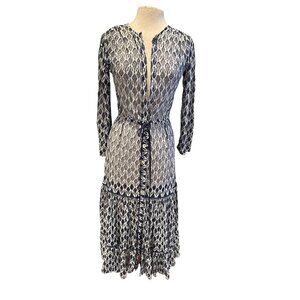 Goretty Medina Navy & Silver Sheer Lace Button Front Ruffle Hem Dress XS – Made